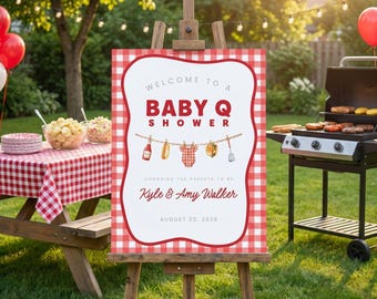 Baby Q Baby Shower Willkommensschild 18x24, rotes Gingham-Willkommensposter für Baby-Q Co Ed Shower Barbecue Party, bearbeitbar in Canva