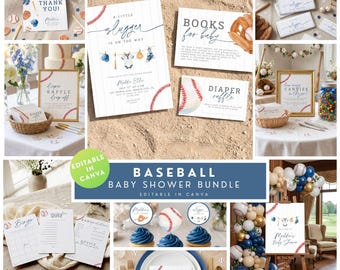 Baseball-Babyparty-Einladungs-Bundle Ein kleiner Slugger ist auf dem Weg Dekor-Spiele-Windel-Verlosung Willkommen bearbeitbare Vorlage Digitaler Download