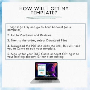 May include: A laptop displaying a "Thank You" template, with instructions on how to access the template after purchase. The text reads "HOW WILL I GET MY TEMPLATE?" and provides steps for downloading and editing the template in Canva.