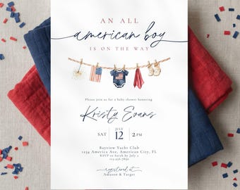 Alle amerikanischen Jungen-Babyparty-Einladung, vierter Juli-Baby-Jungen-Dusche, USA-Babyparty-Einladung bearbeitet in Canva-Vorlage, amerikanisches Thema