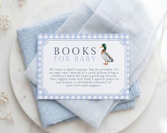 Mallard Duck Baby Shower Books for Baby Card Blue Gingham Plaid, Duck Hunt, Minimalistic Duckling Baby Shower Editable Template in Canva