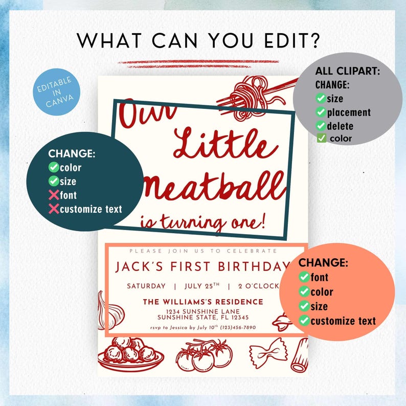 Może przedstawiać: Konfigurowalne zaproszenie urodzinowe z napisem "Our Little Meatball is turning one!" w czerwonym skrypcie. Projekt zawiera ilustracje makaronu, klopsik&oacute;w i pomidor&oacute;w. Edytowalne w Canva.