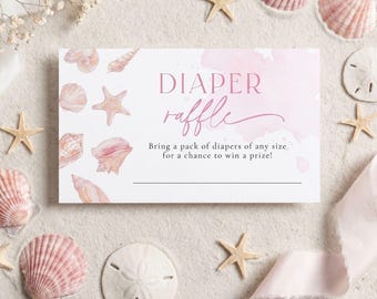 Sie wird bald hier sein, Babyparty-Windel-Verlosungskarte, Meer Sie bald Muschel Küstenthema, bearbeitbare Canva-Vorlage, Strandmädchendusche