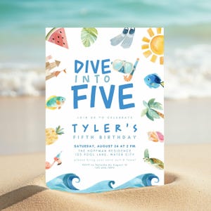 May include: A white birthday invitation card with blue text reading DIVE INTO FIVE, TYLER'S FIFTH BIRTHDAY, and event details. The design features watercolor illustrations of a sun, fish, snorkel, palm leaves, watermelon, and ocean waves.