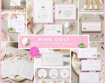 Pacchetto Baby Shower Rosa Nuovo al Club, Baby Shower a tema golf rosa per una bambina, Il piccolo putter è in arrivo, Modello Canva modificabile, Par-Tee