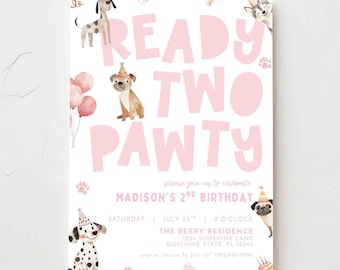Ready Two Pawty, 2nd Dog Party Birthday Invitation, Pink 2nd Birthday Invitation Canva Template, Digital Download, Editable Puppy Party