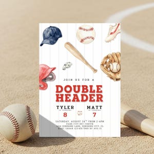 May include: Baseball-themed invitation with watercolor illustrations of baseball equipment. The invitation reads "Double Header" and includes details for a birthday party. A baseball and a bat are in the foreground.