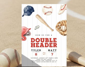 Gemeinsame Geburtstagseinladung Baseball, Doppel-Header Geburtstagseinladung für zwei Jungen, Baseball, bearbeitbare Vorlage, gemeinsame Geschwister Zwillinge Brüder
