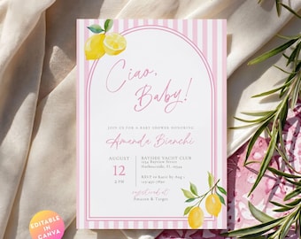 Ciao Babyparty Einladung, Ciao Bella Handgeschriebene Babyparty Einladung Vorlage, Italienische Thema Dusche, Italien Sommer Rosa Zitrone Baby Shower