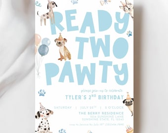 Ready Two Pawty, invito per la festa del secondo compleanno del cane, modello Canva per invito blu per il secondo compleanno, download digitale, festa del cucciolo modificabile