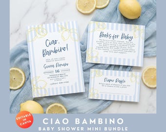Inviti per baby shower "Ciao Blu", modello per baby shower "Bambino" blu e giallo limone, tema italiano, estate Amalfitana, Italia