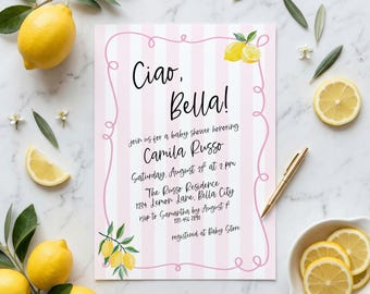 Ciao Babyparty Einladung, Ciao Bella Handgeschriebene Babyparty Einladung Vorlage, Italienische Thema Dusche, Italien Sommer Rosa Zitrone Baby Shower