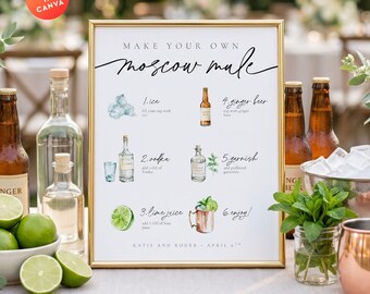 Cartello da tavolo per Moscow Mule, formato 8x10 e 5x7, crea il tuo cartello fai-da-te per cocktail Moscow Mule per matrimoni, modello modificabile e stampabile, download immediato.