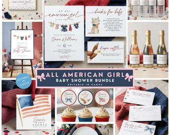 All American Girl Baby Shower Bundle, Patriotic Invitation, Red White and Blue Baby Shower For Girl, 4th of July Baby Shower Theme, Military