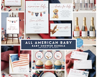 Alle amerikanischen Baby-Babyparty-Bundle, Vaterländische Einladung, Rot, weiß und Blau Babyparty-Set, 4. Juli-Babyparty-Thema, Militär