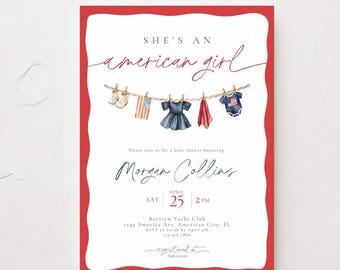 Alle amerikanischen Mädchen-Babyparty-Einladung, vierter Juli-Babyparty, Vaterland-Babyparty-Einladung bearbeitbar in Canva-Vorlage, amerikanisches Thema