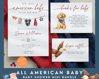 Alle amerikanischen Baby-Babyparty-Mini-Bundle, Vaterländische Einladung, Rot, Weiß und Blau Babyparty-Set, 4. Juli-Babyparty-Thema, Militär