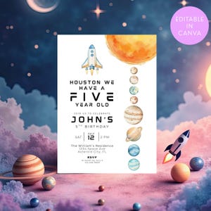 May include: A white rectangular birthday invitation card featuring a watercolor rocket ship, a large orange sun, and a vertical alignment of planets. The text reads: Houston we have a five year old, join us to celebrate John's 5th birthday.