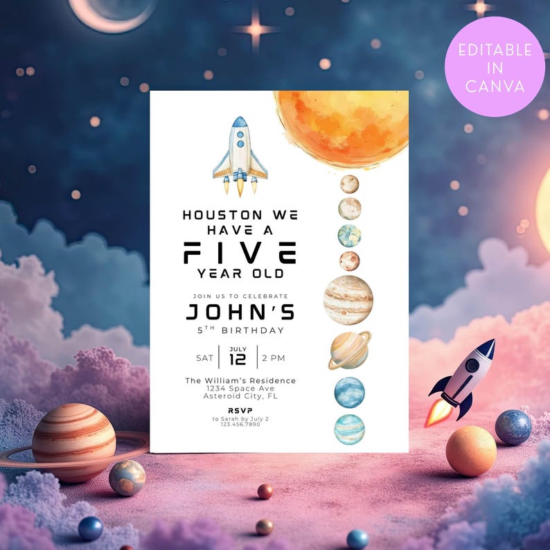 May include: A white rectangular birthday invitation card featuring a watercolor rocket ship, a large orange sun, and a vertical alignment of planets. The text reads: Houston we have a five year old, join us to celebrate John's 5th birthday.