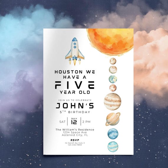5th Space Birthday Invitation Editable Template, Houston We Have A Five Year Old, Outer Space Birthday Invite for a Boy, 5 Year Old Party
