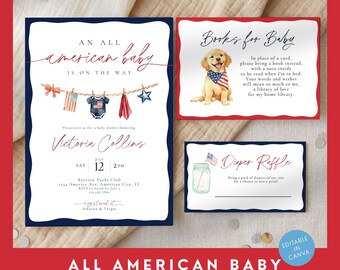 All American Baby Shower Bundle, Patriotic Baby Shower Invitation, Red White and Blue Baby Shower Set, 4th of July Baby Shower Theme