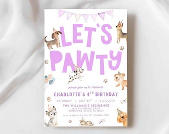 Dog Party Birthday Invitation, Editable Puppy Party, Purple Girl Birthday Invitation Canva Template, Digital Download, Editable Dog Pawty