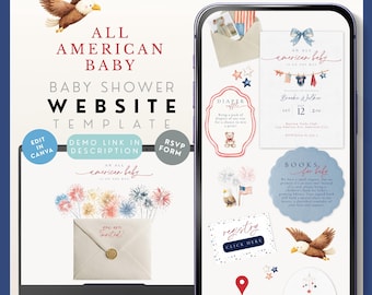 Alle amerikanischen Babyparty-Website mit Online-RSVP, 4. Juli Vaterländische geschlechtsneutrale digitale Evite, bearbeitbare Canva-Einladungsvorlage