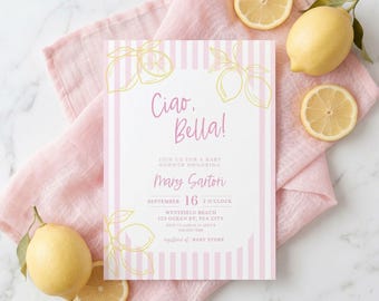 Ciao Babyparty Einladung, Ciao Bella Minimalist Babyparty Einladen Vorlage, Italienisches Thema Dusche, Italien Amalfi Sommer Zitrone Babyparty