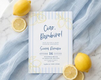 Blue Ciao Baby Shower Invitation, Italian Bambino Blue and Yellow Lemon Baby Shower Template, Italian Theme, Italy Amalfi Summer Stripes