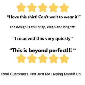 K&ouml;nnte beinhalten: Bild mit Kundenbewertungen und f&uuml;nf gelben Sternebewertungen. Der Text enth&auml;lt Zitate wie "Ich liebe dieses Shirt!" und "Das ist mehr als perfekt!!!" Der Satz "Echte Kunden. Nicht nur ich, der mich selbst hochjubelt" ist ebenfalls vorhanden.