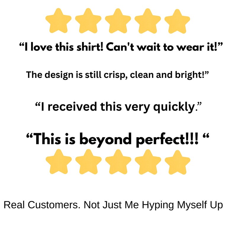 K&ouml;nnte beinhalten: Bild mit Kundenbewertungen und f&uuml;nf gelben Sternebewertungen. Der Text enth&auml;lt Zitate wie "Ich liebe dieses Shirt!" und "Das ist mehr als perfekt!!!" Der Satz "Echte Kunden. Nicht nur ich, der mich selbst hochjubelt" ist ebenfalls vorhanden.