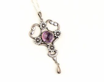 c. 1900s Antique Art Nouveau Sterling Silver and Amethyst Flower Pendant Necklace
