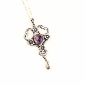 c. 1900s Antique Art Nouveau Sterling Silver and Amethyst Flower Pendant Necklace