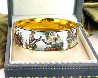 Vintage 1950s Rococo Revival Enamel Bangle Bracelet Gold Plated Courting Scenes