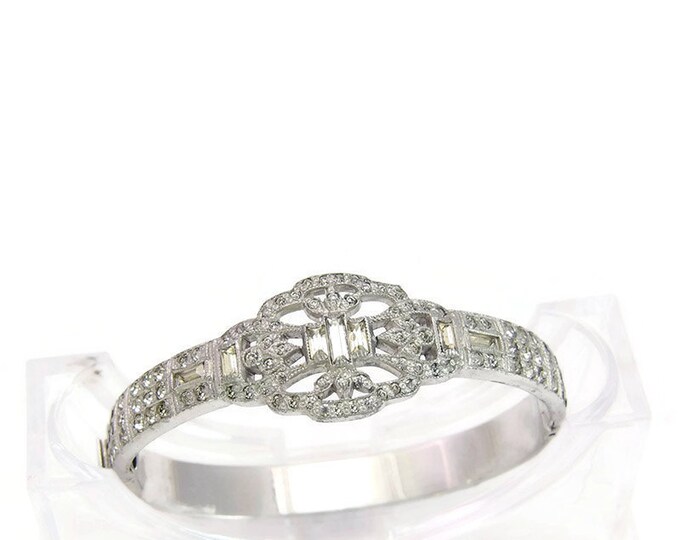 Bracelet Argenté Style Art Déco Avec Strass Rectangle Vert - Vintage Années 20, Neuf Sans Emballage