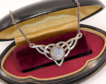Vintage 1990s Sterling Silver Rainbow Moonstone Necklace | Art Nouveau Celtic Revival Design | 925 Silver
