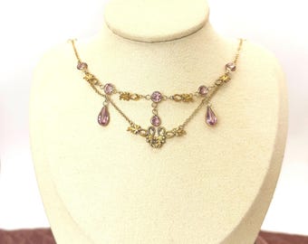 Antique Edwardian Delicate Gold Leaves Festoon Necklace with Purple Amethyst Paste Drops
