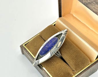 Vintage Mid Century Sterling Silver and Blue Lapis Lazuli Long Modern Statement Ring Size 7.5