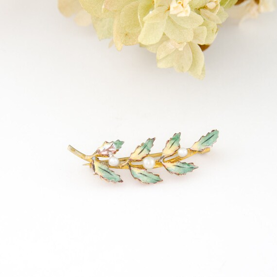 Antique Art Nouveau 14k Gold Green Enamel Brooch