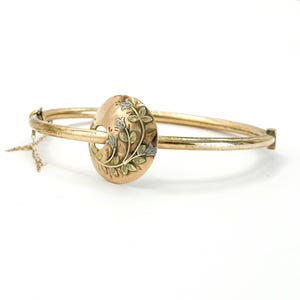 Antique Victorian Aesthetic Era Bangle Bracelet | Gold Filled Bracelet with Green Gold Leaf | Nature motif