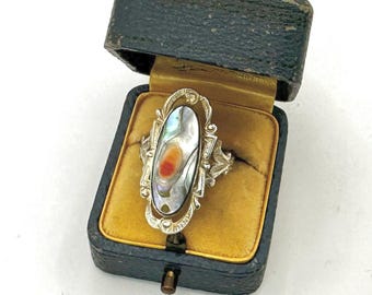 Antique Edwardian Sterling Silver Blister Pearl Ring With Vivid Iridescent Coloration
