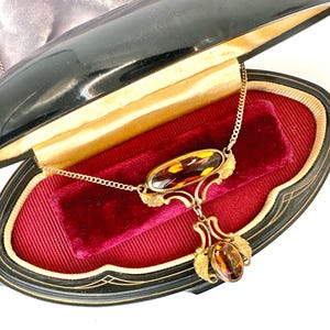 Antique c. 1900s Art Nouveau Drop Necklace, Rolled Gold and Topaz Paste Stones with Nature Leaf Motif