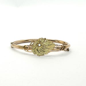 Antique Victorian Aesthetic Era Bangle Bracelet | Gold Filled Bracelet with Green Gold Leaf | Nature motif