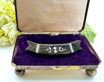 Antique Victorian Mourning Brooch Black Pressed Horn Mother of Pearl Inlay Pin
