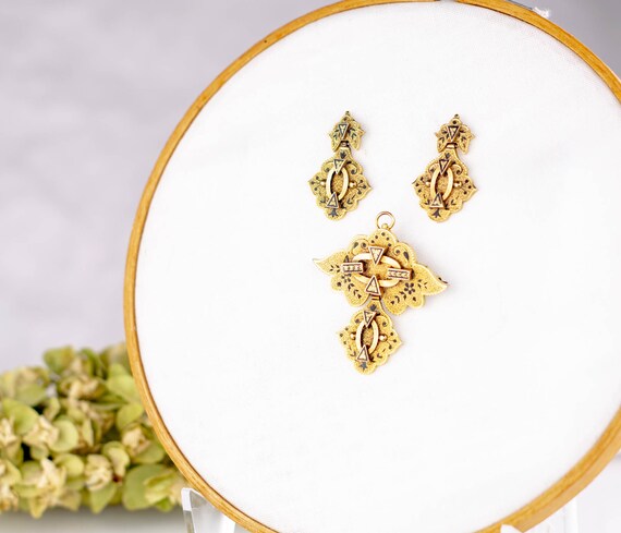 Antique 10k gold Victorian Earrings Pendant Set |… - image 4
