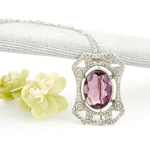 Antique Edwardian Flower Amethyst Sterling Pendant | Sterling Silver Victorian Pendant | Engraved Sterling Brooch Pendant