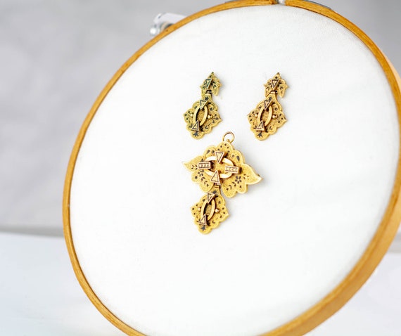 Antique 10k gold Victorian Earrings Pendant Set |… - image 7