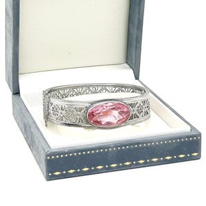 vintage 1920s art deco silver filigree bangle bracelet with pink glass stone