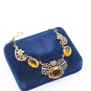 Antique Art Nouveau Brass Flower Topaz Czech Necklace
