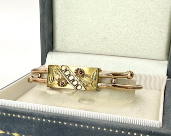antique victorian gold filled floral bypass bangle bracelet with rose & green gold flowers